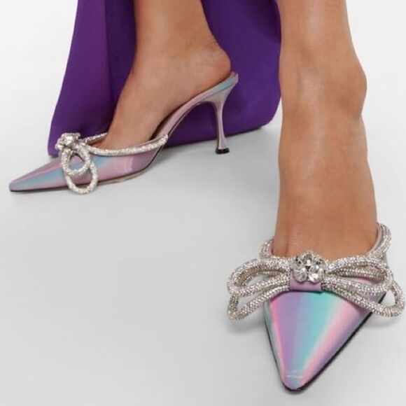 NWT MACH & MACH Pink Iridescent Crystal Embellished Bow Mules Size EU36 - Picture 1 of 12